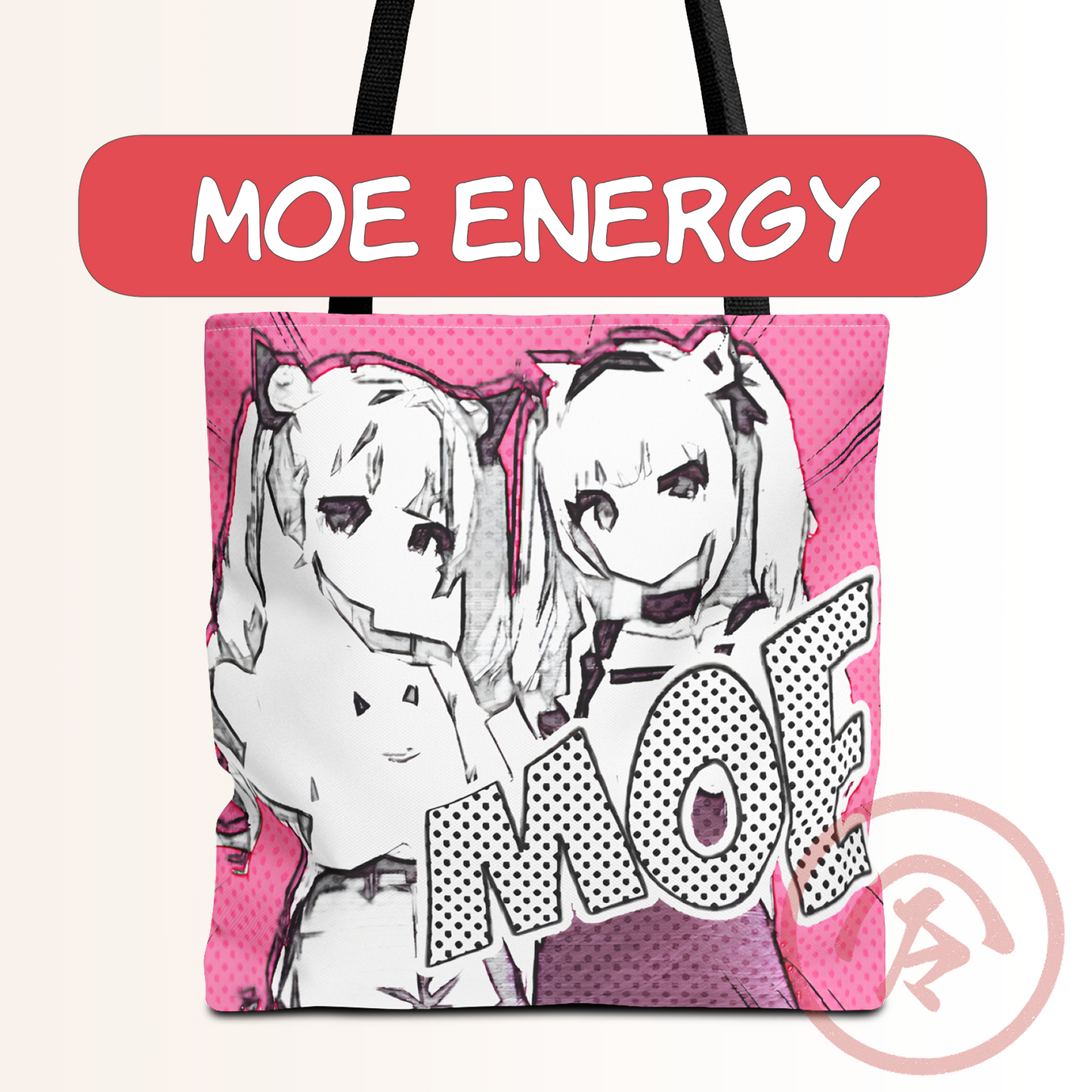 Anime tote bag featuring two cute manga MOE girls drawn in a pop-manga style with pink halftone background and bold comic lettering. Bright, playful aesthetic ideal for kawaii fans. Printed on durable polyester tote with black handles and full-coverage artwork.