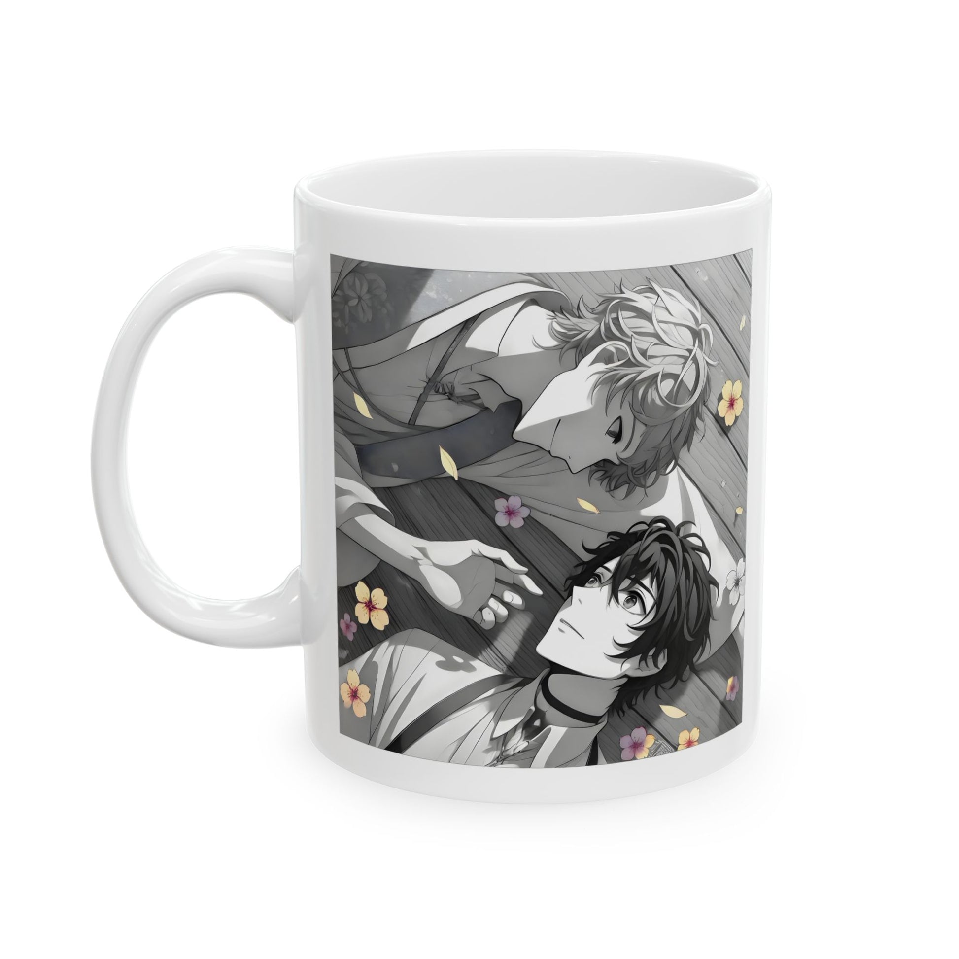 BL anime mug featuring two soft boys lying in a bed of flower petals, surrounded by a peaceful, muted atmosphere. One boy with tousled light hair gazes down gently while the other looks back with wide, open emotion. Their hands are almost touching, suggesting intimacy without pressure. Warm tones and scattered petals create a sense of romantic stillness and quiet vulnerability. A perfect design for fans of emotional yaoi moments, slow-burn connection, and tender BL storytelling.