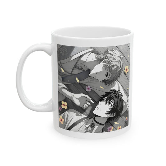 BL anime mug featuring two soft boys lying in a bed of flower petals, surrounded by a peaceful, muted atmosphere. One boy with tousled light hair gazes down gently while the other looks back with wide, open emotion. Their hands are almost touching, suggesting intimacy without pressure. Warm tones and scattered petals create a sense of romantic stillness and quiet vulnerability. A perfect design for fans of emotional yaoi moments, slow-burn connection, and tender BL storytelling.