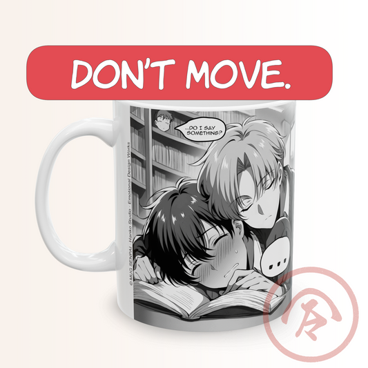 BL anime mug featuring a soft monochrome library moment where one boy sleeps on an open book while the other leans in close, blushing. A tiny speech bubble above them reads “…Do I say something?” Bookshelves fill the background, and the scene captures gentle, slow-burn affection with expressive manga-style shading. Full wrap design keeps all emotional details visible on the mug.