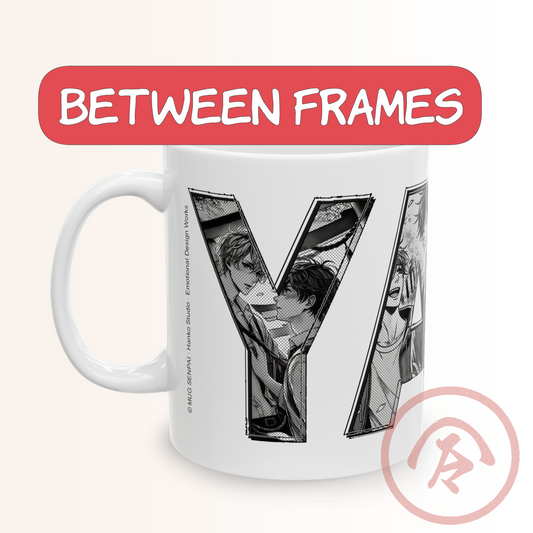 BL manga mug featuring the word “YAOI” with each letter filled with black-and-white boys love manga scenes. The art includes soft emotional moments, close gazes, and expressive panel shading. Printed on a white ceramic mug with clean, crisp linework and halftone textures. Full wrap design preserves every frame for BL fans who enjoy subtle, artistic yaoi themes.