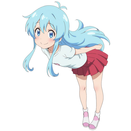 an image of a cute blue haired anime girl peeking at the viewer smiling