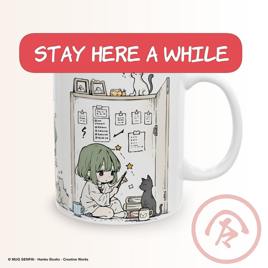 Cozy cat anime mug featuring a soft slice-of-life illustration of a chibi anime girl with short green hair sitting on the floor in a small room surrounded by books and notes. She interacts gently with a black cat while another cat rests nearby. The scene includes warm details like mugs, shelves, and soft decor, creating a peaceful, calming atmosphere that reflects quiet routines and cozy living.