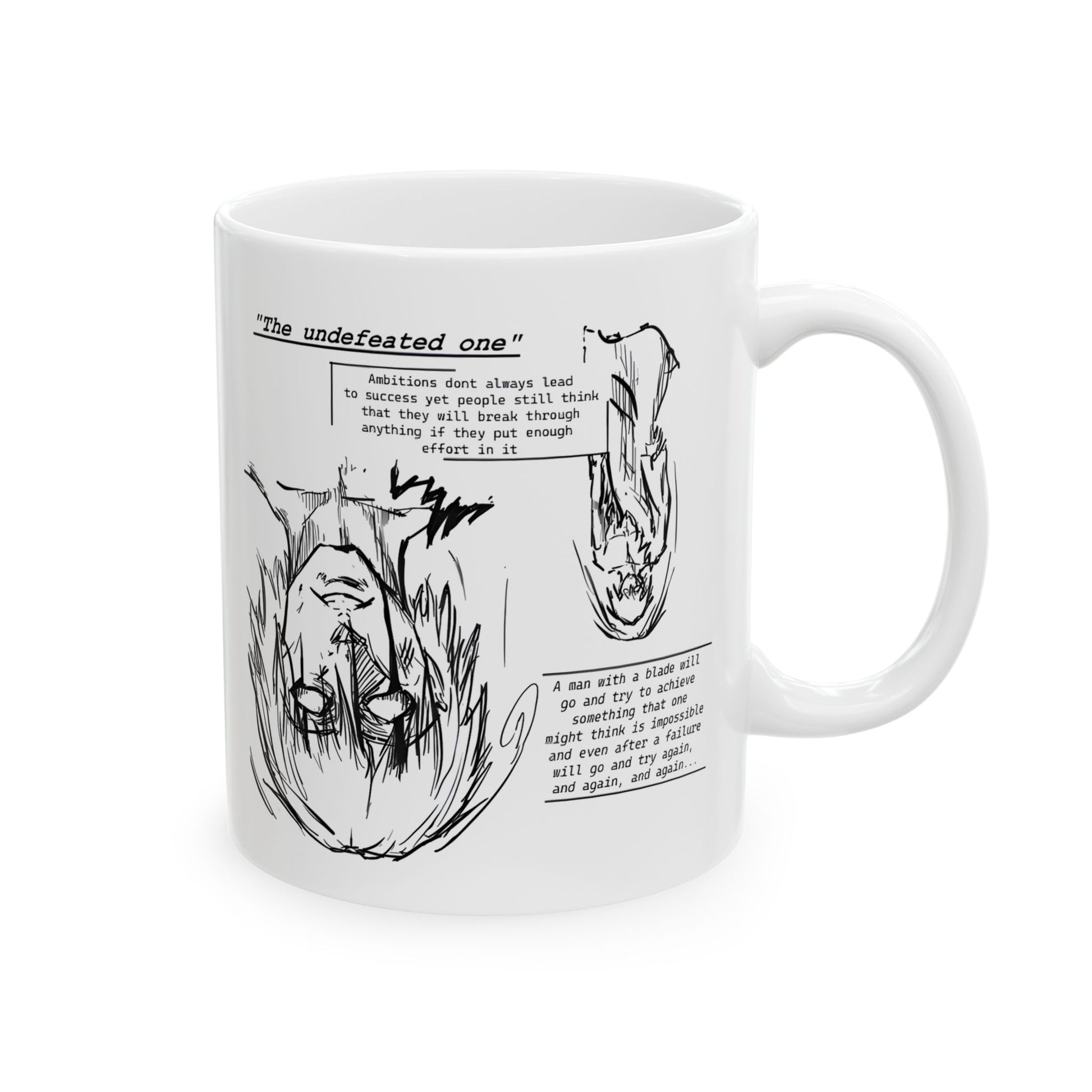 Cross-Eyed Samurai Mug with black-and-white manga illustration of a samurai upside down, his gaze broken and cross-eyed as flames surround him. Text panels frame the scene, describing the “fall of the undefeated one.” The hand-drawn artwork is raw and emotional, capturing mythic failure and rebirth. Printed on a premium white ceramic mug, available in 11 oz and 15 oz, with crisp double-sided design for manga fans.