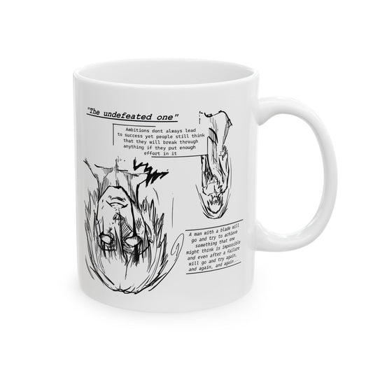 Cross-Eyed Samurai Mug with black-and-white manga illustration of a samurai upside down, his gaze broken and cross-eyed as flames surround him. Text panels frame the scene, describing the “fall of the undefeated one.” The hand-drawn artwork is raw and emotional, capturing mythic failure and rebirth. Printed on a premium white ceramic mug, available in 11 oz and 15 oz, with crisp double-sided design for manga fans.