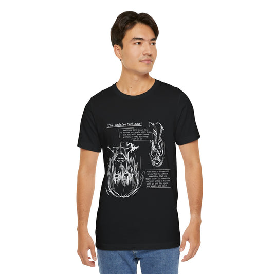 Cross-Eyed Samurai T-Shirt with a bold black-and-white manga illustration. The graphic shows the samurai upside down, engulfed in stylized flame-like energy, his expression broken and cross-eyed, marking the fall of the undefeated. White Japanese-style linework and dialogue text frame the art, creating a mythic and gritty manga aesthetic. Printed on a premium black unisex cotton tee, the design feels raw, emotional, and powerful.