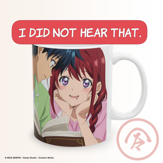 Cute anime mug featuring a red-haired anime girl with bright eyes and a soft blush, resting her face in her hands while looking distracted as someone speaks beside her. A book is open in front of her, but her attention has clearly drifted. The scene captures a quiet, humorous moment of daydreaming and lost focus, with a soft romantic and cozy anime aesthetic.