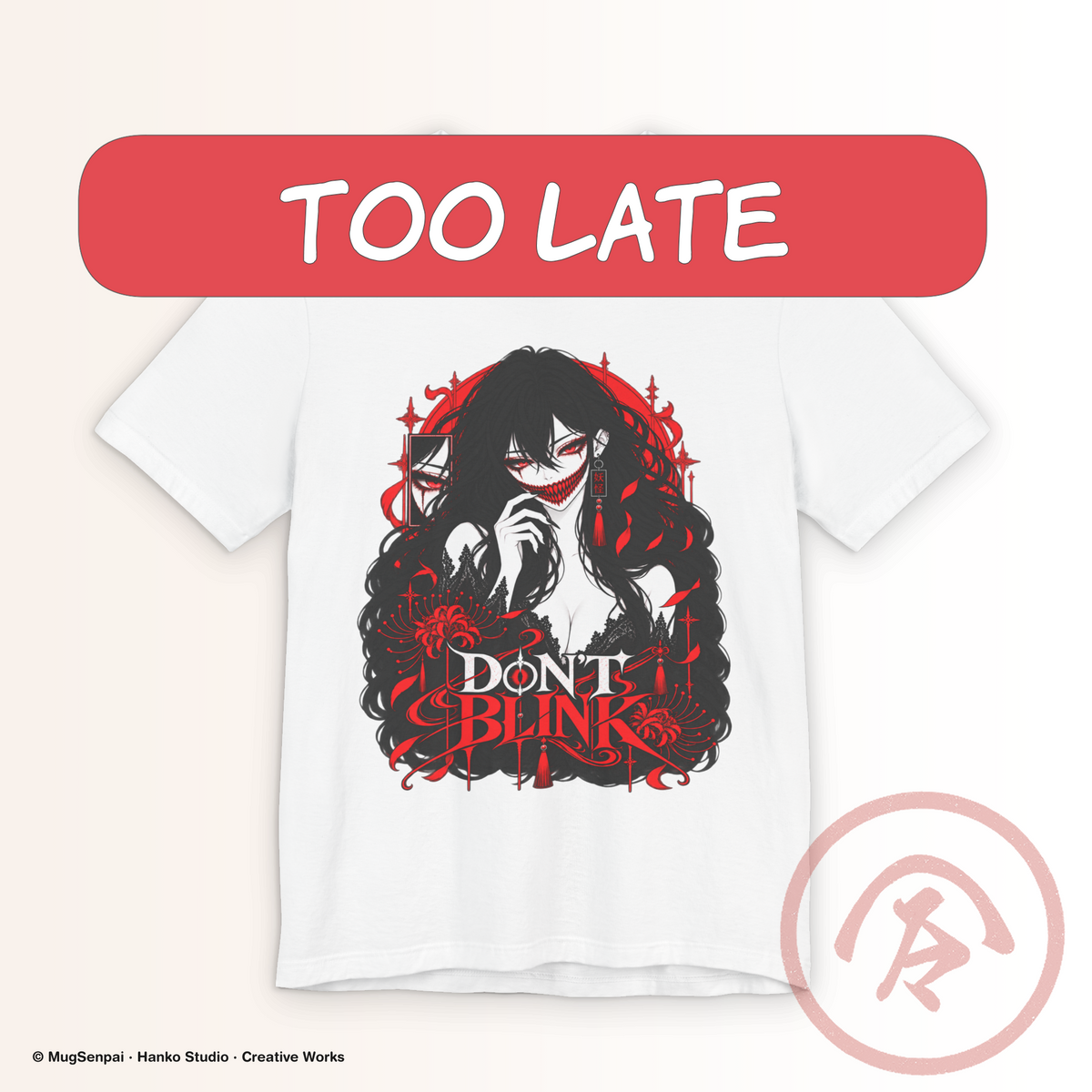 White demon girl shirt featuring a long-haired manga woman with glowing red eyes, an enormous mouth filled with sharp crimson teeth, dark lace clothing, red flowers, Japanese-inspired yokai details, decorative framing, tassel jewelry, and bold Don’t Blink lettering.