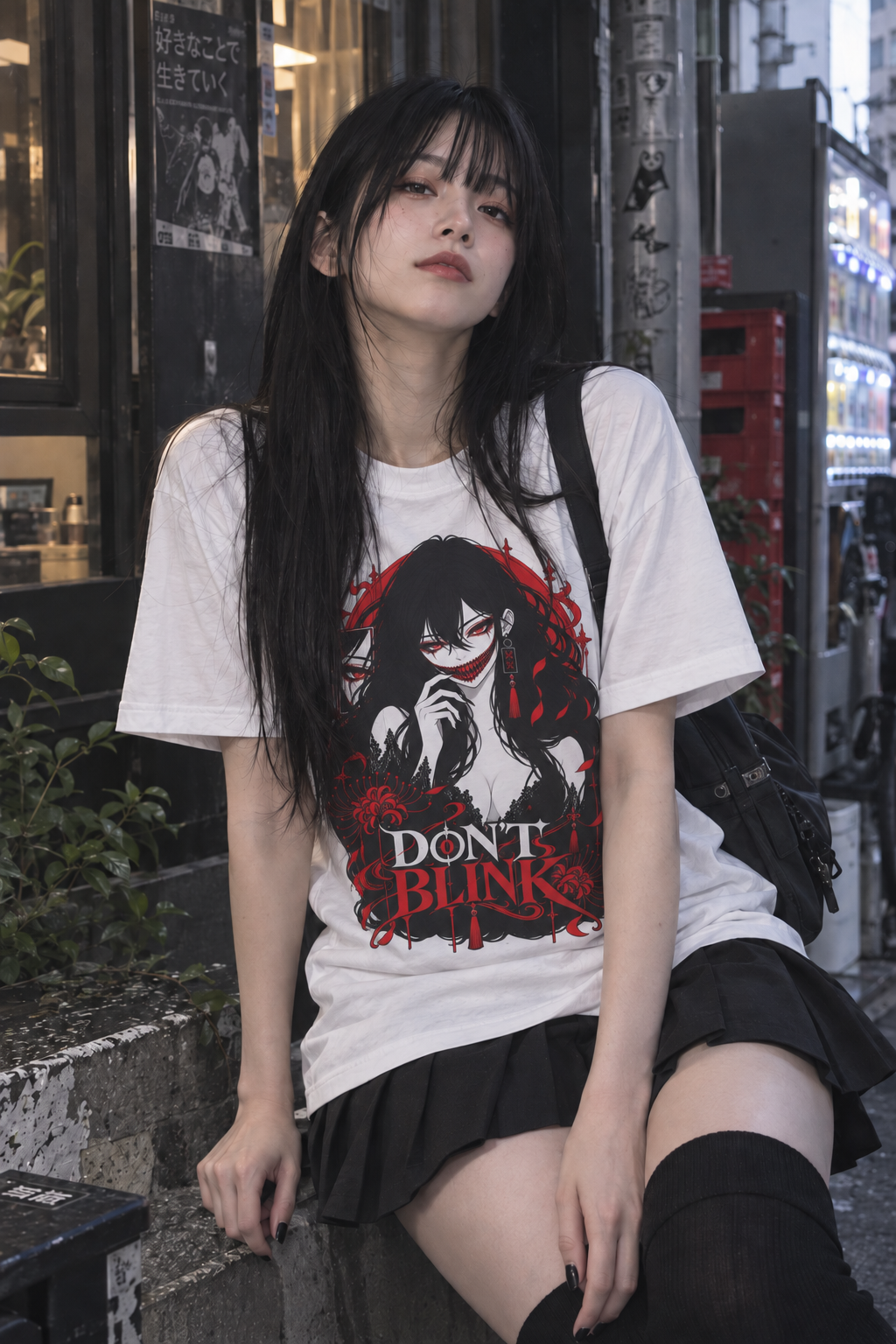 White Don’t Blink anime girl graphic T-shirt styled with a black pleated skirt in a moody urban streetwear setting.