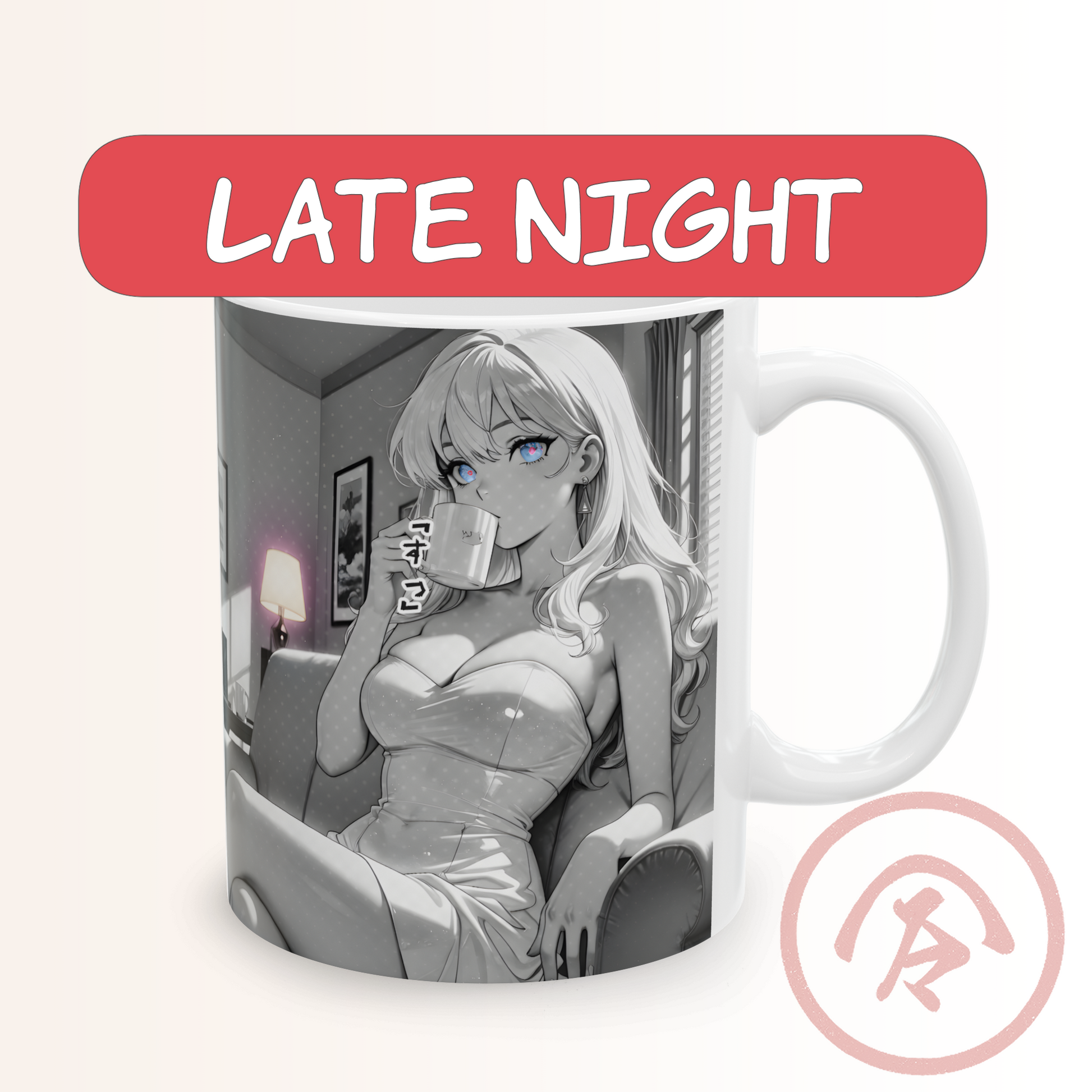 Elegant anime girl mug featuring a grayscale late-night seinen scene with a calm blonde woman relaxing in a chair and sipping from a cup. Soft lamplight fills the room, creating a cinematic, mature mood. Her bright blue eyes stand out as the only color, adding a striking focal point. The halftone manga texture and quiet atmosphere give the design a stylish, intimate feel on a full-wrap ceramic mug.