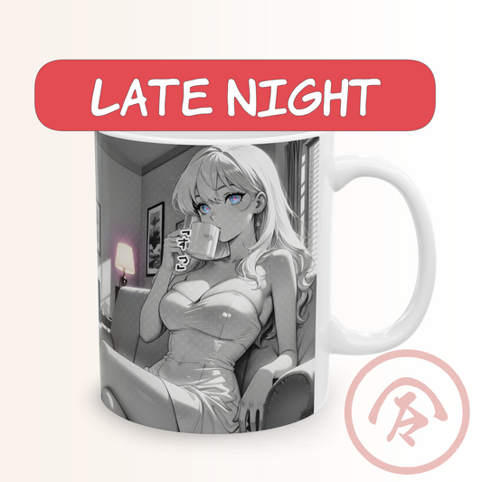 Elegant anime girl mug featuring a grayscale late-night seinen scene with a calm blonde woman relaxing in a chair and sipping from a cup. Soft lamplight fills the room, creating a cinematic, mature mood. Her bright blue eyes stand out as the only color, adding a striking focal point. The halftone manga texture and quiet atmosphere give the design a stylish, intimate feel on a full-wrap ceramic mug.