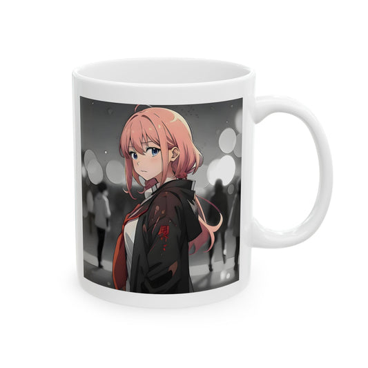 Emotional anime mug featuring a melancholic pink-haired girl standing still in a rainy crowd. The scene is drawn in soft, muted tones with heavy use of bokeh lighting and blurred silhouettes in the background, evoking a deep sense of quiet sadness. She wears a dark coat streaked with rain, and her eyes look distant, barely meeting the viewer. This design captures that silent, emotional heaviness of feeling alone in a crowd — perfect for introspective tea moments and fans of soft, bittersweet anime.