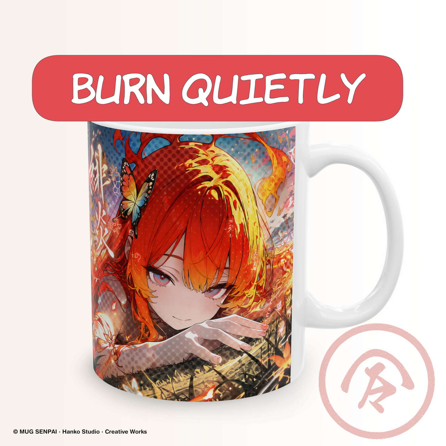 Fire anime mug featuring a vivid illustration of a red-haired anime girl surrounded by swirling flames and glowing embers, with intense golden eyes and a calm, confident expression. The scene blends fire, light, and motion with detailed highlights and contrast, creating a powerful and controlled energy. The full wrap design covers the mug edge-to-edge, giving it a bold, immersive anime aesthetic.
