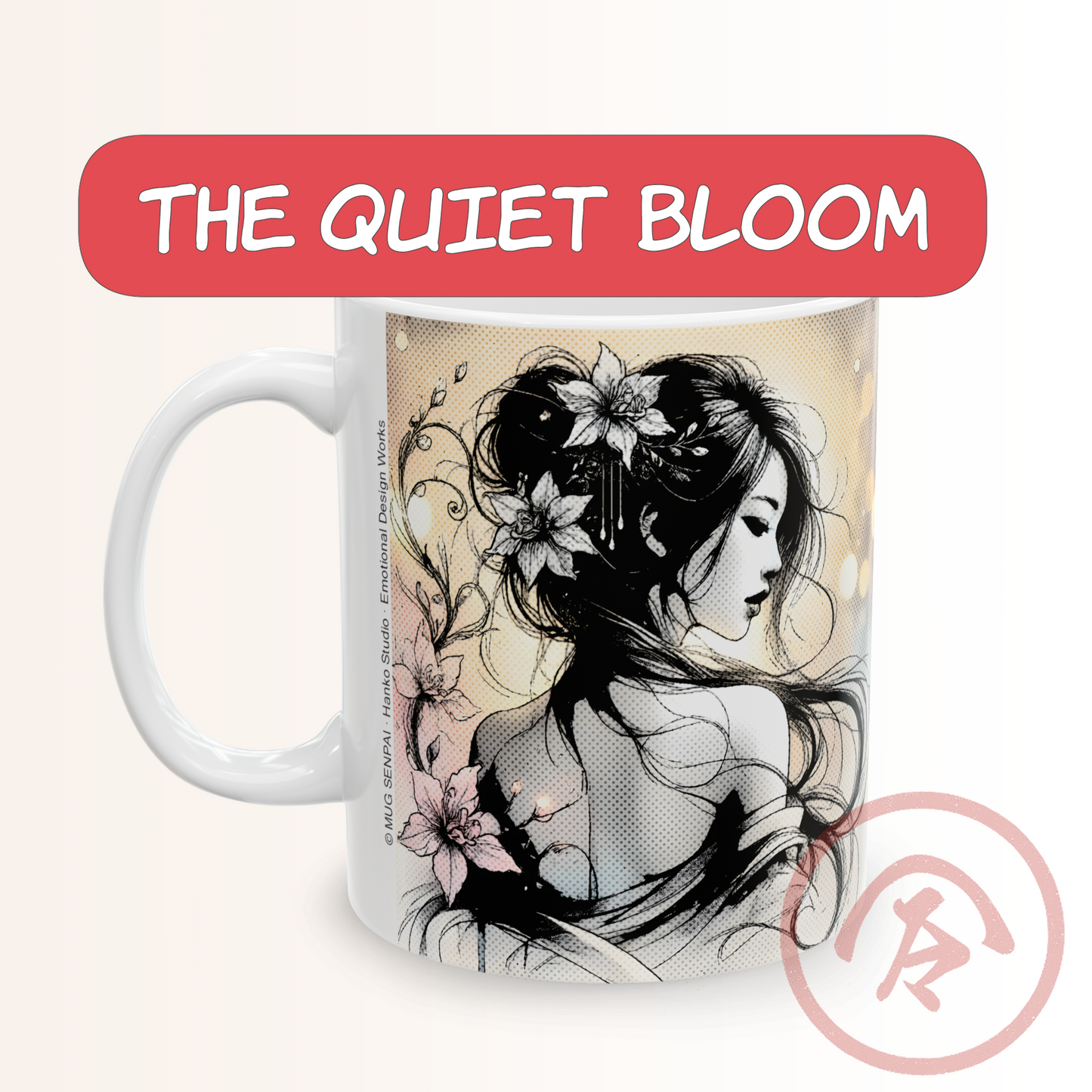 Floral manga mug featuring a delicate ink-style illustration of a quiet, elegant girl with flowers woven through her hair. Soft halftone shading surrounds her silhouette, with petals drifting around her and warm light glowing behind. The artwork blends Japanese-inspired line art with modern manga aesthetics, creating a calm, peaceful scene that wraps fully around the mug with crisp detail.