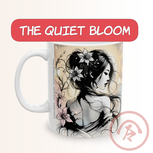 Floral manga mug featuring a delicate ink-style illustration of a quiet, elegant girl with flowers woven through her hair. Soft halftone shading surrounds her silhouette, with petals drifting around her and warm light glowing behind. The artwork blends Japanese-inspired line art with modern manga aesthetics, creating a calm, peaceful scene that wraps fully around the mug with crisp detail.