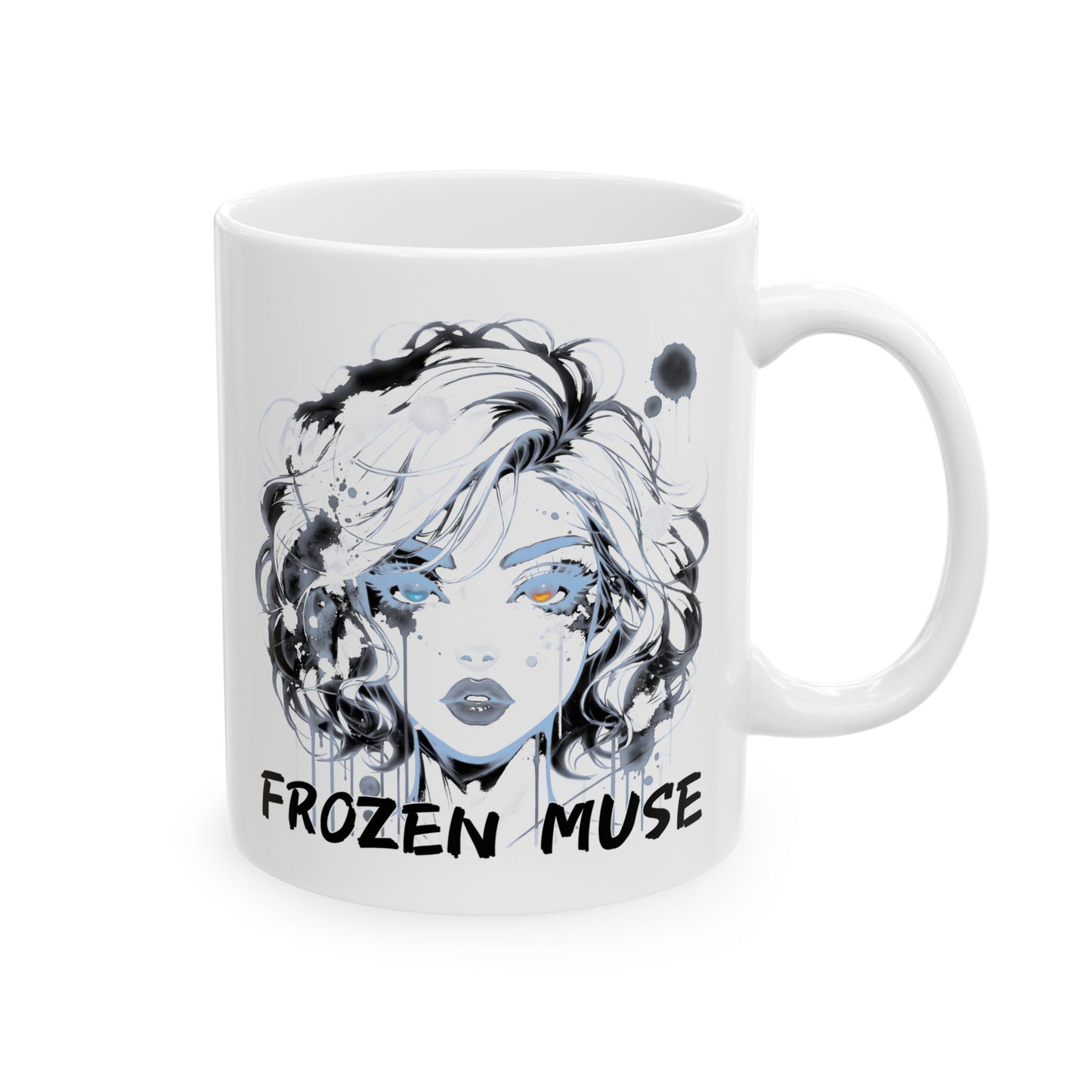 Frost girl mug featuring a striking anime-style portrait in cool icy blues and silvery tones. The girl’s gaze is calm yet powerful, framed by loose watercolor hair and light splashes of ink. Below her, bold text reads “Frozen Muse.” The design captures winter stillness and quiet emotion — an elegant, serene aesthetic perfect for anime fans, artists, and lovers of soft, frosty moods.