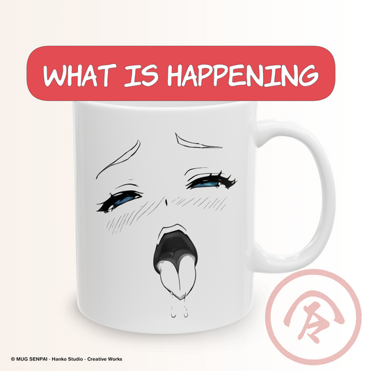 Funny anime mug featuring a minimal black-and-white manga-style face with half-lidded eyes, flushed cheeks, and an exaggerated open mouth expression with tongue out. The design captures a chaotic, overdramatic reaction moment with uncomfortable yet humorous energy. Clean white ceramic mug emphasizes the bold facial expression, making it a strong meme-style piece for fans of weird, relatable anime humor.