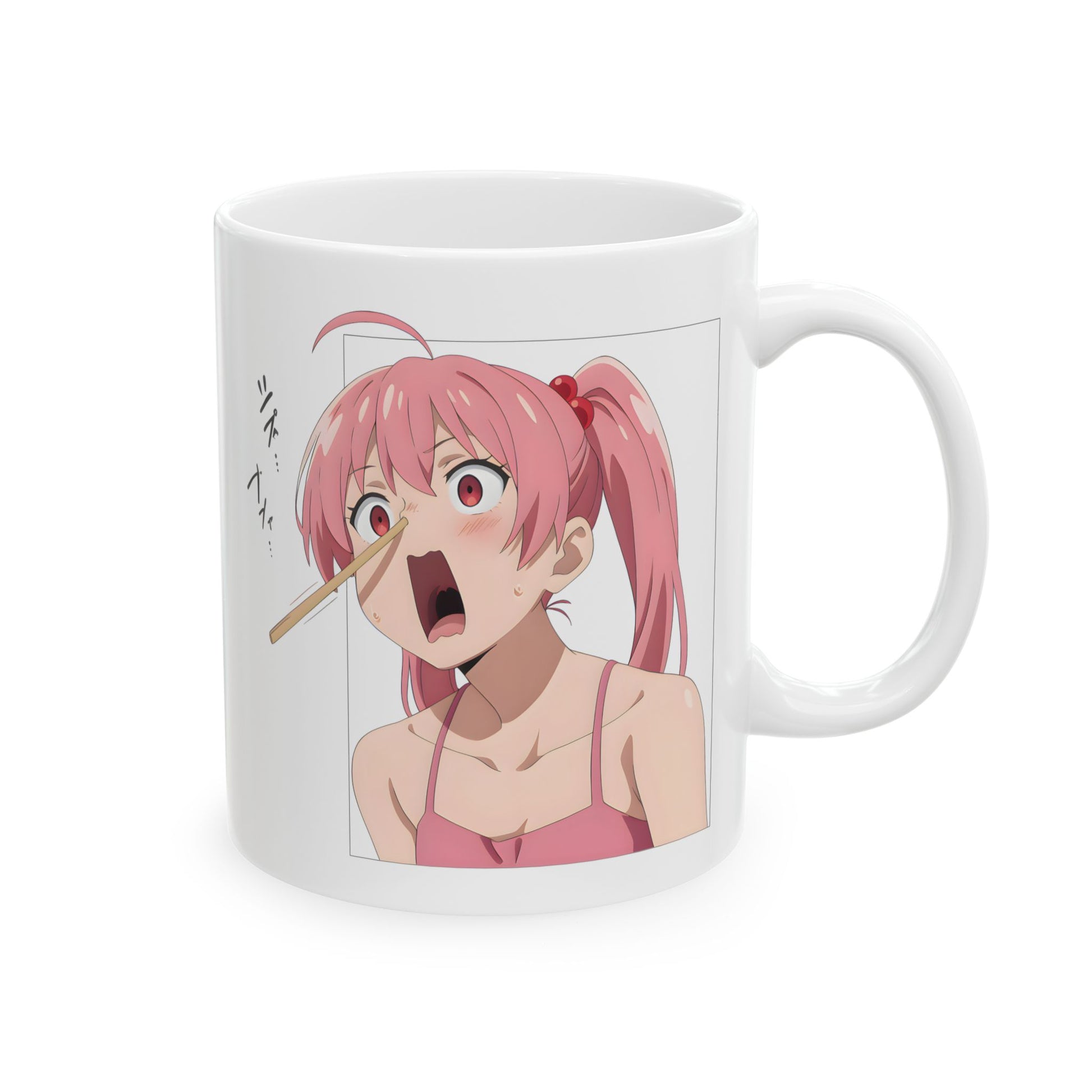 Funny anime mug featuring a pink-haired girl mid-panic as a chopstick pierces her nostril, mouth wide in a shocked scream. Her eyes are wide, her expression frozen in chaos, and the moment is captured like a true unhinged anime panel. The background is minimal to keep focus on the emotion and absurdity. This mug design is perfect for anyone who’s ever felt betrayed by lunch — or their own life choices. Full gremlin vibes.