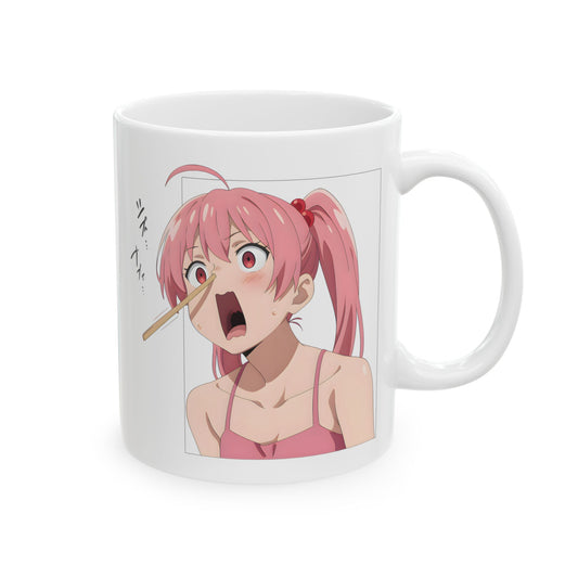 Funny anime mug featuring a pink-haired girl mid-panic as a chopstick pierces her nostril, mouth wide in a shocked scream. Her eyes are wide, her expression frozen in chaos, and the moment is captured like a true unhinged anime panel. The background is minimal to keep focus on the emotion and absurdity. This mug design is perfect for anyone who’s ever felt betrayed by lunch — or their own life choices. Full gremlin vibes.