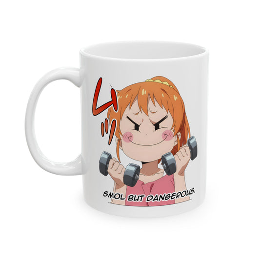 Funny anime mug featuring a chibi girl with orange hair puffing her cheeks and furrowing her brows while lifting tiny dumbbells. Bold text at the bottom reads “Smol but Dangerous,” emphasizing her chaotic, determined energy. The kawaii design mixes cuteness with feral gym vibes, making it a perfect gift for otaku, gym lovers, or anyone who thrives on chaotic humor. A playful ceramic coffee cup that turns morning sips into mini powerlifting sessions.