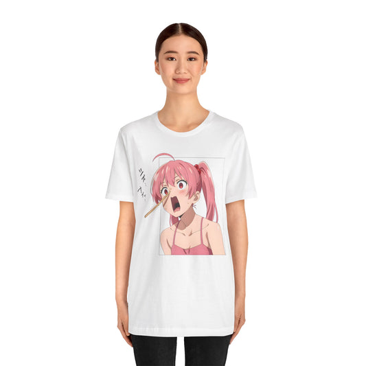 Funny anime t-shirt featuring a pink-haired anime girl mid-scream with a chopstick jammed in her nose, eyes wide in shock and betrayal. She wears a red camisole and stares forward in chaotic disbelief. The print design mimics an anime panel, making the shirt feel like a freeze-frame meme in real life. Perfect for otaku with unhinged humor, ramen-induced trauma, and a deep appreciation for chaotic aesthetic energy.