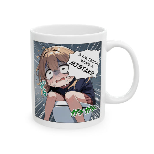 Funny taco mug featuring anime girl Mamiko in full manga-panel panic, clutching her stomach on a toilet with wide, terrified eyes. Speech bubble reads “3AM tacos were a mistake,” surrounded by dramatic comic sound effects. The art uses bold shading, warm tones, and exaggerated expressions to capture late-night regret in hilarious anime meme style — perfect for otaku, meme fans, and chaotic humor lovers.