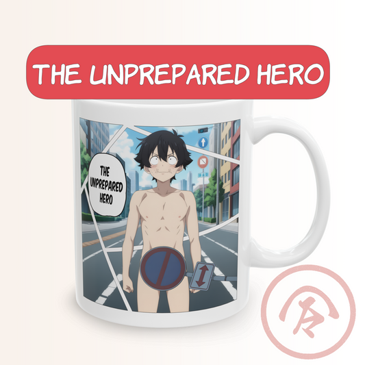 Isekai meme mug featuring a wide-eyed anime boy standing naked in the middle of a city street, with comical censorship using traffic signs. The illustration is clean and brightly colored, using a modern anime style with crisp linework and expressive detail. The scene captures an absurd and hilarious isekai teleportation moment, emphasizing awkward humor and unexpected chaos. The background features city buildings, blue skies, and traffic signage adding to the comedy.