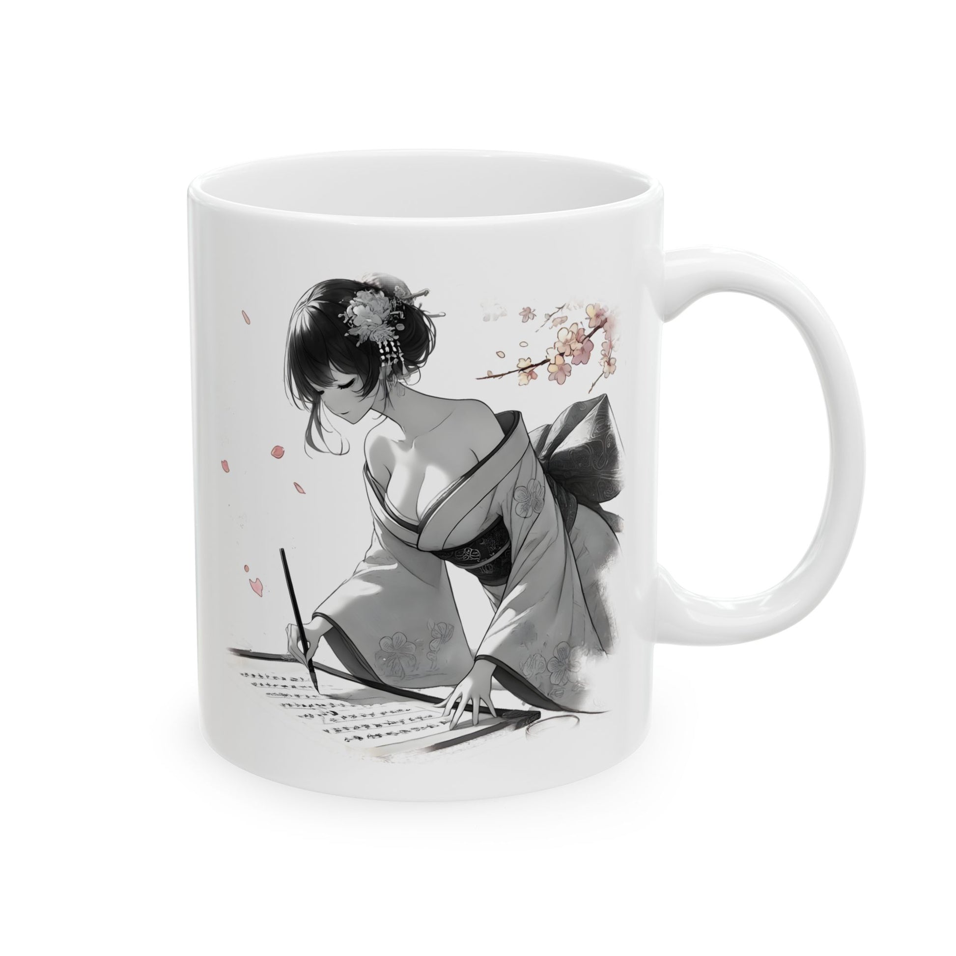 Geisha writing mug featuring a soft grayscale illustration of a beautiful anime-style geisha kneeling with a brush, writing kanji as petals fall around her.
