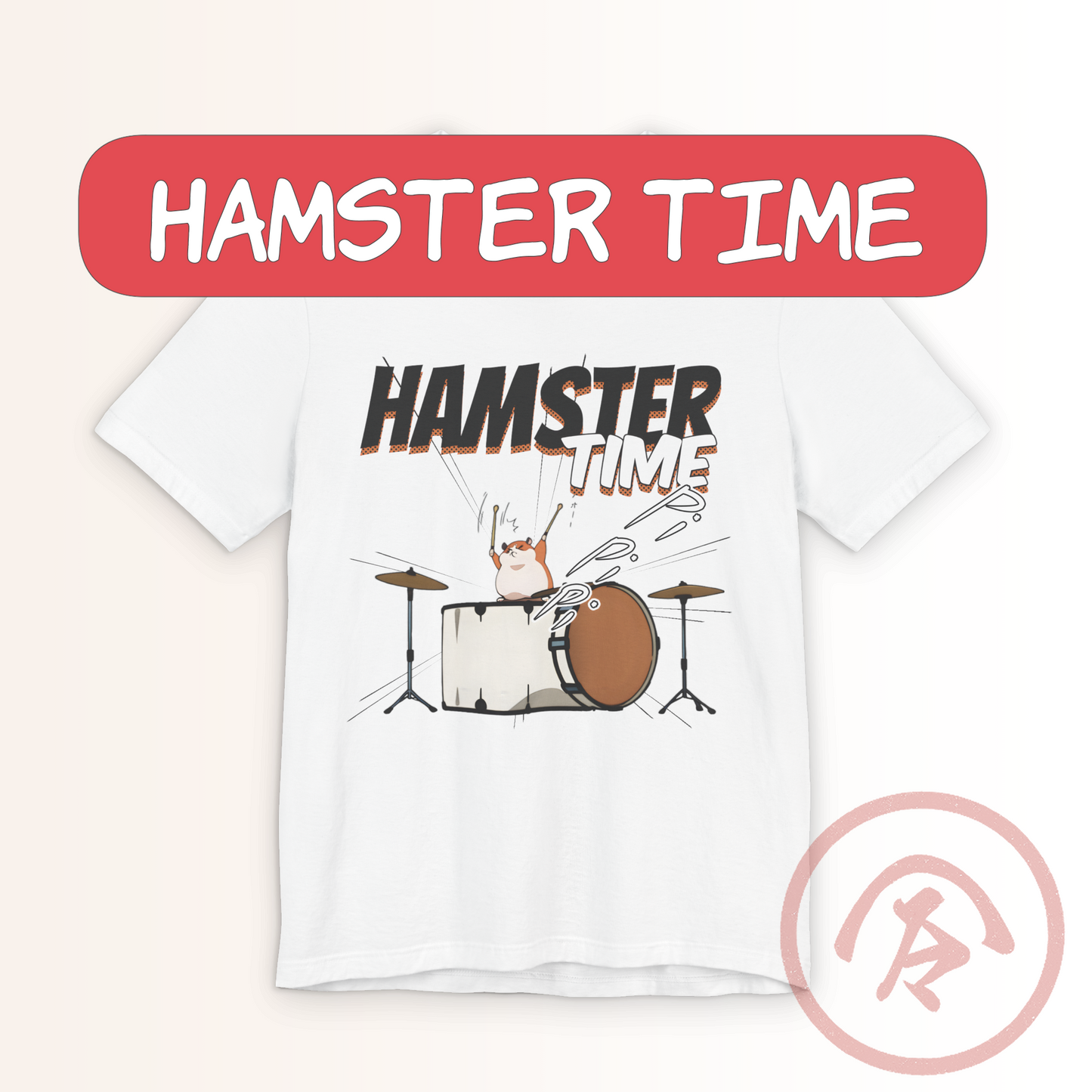 Hamster meme shirt featuring a cute cartoon hamster drumming wildly on a full kit with manga-style burst lines and energetic sound effects. The bold “HAMSTER TIME” text sits above the tiny drummer, emphasizing the chaotic, humorous vibe. Clean linework and bright colors make the design feel like a comic panel brought to life. Printed on a white unisex tee with a lively, comedic aesthetic.