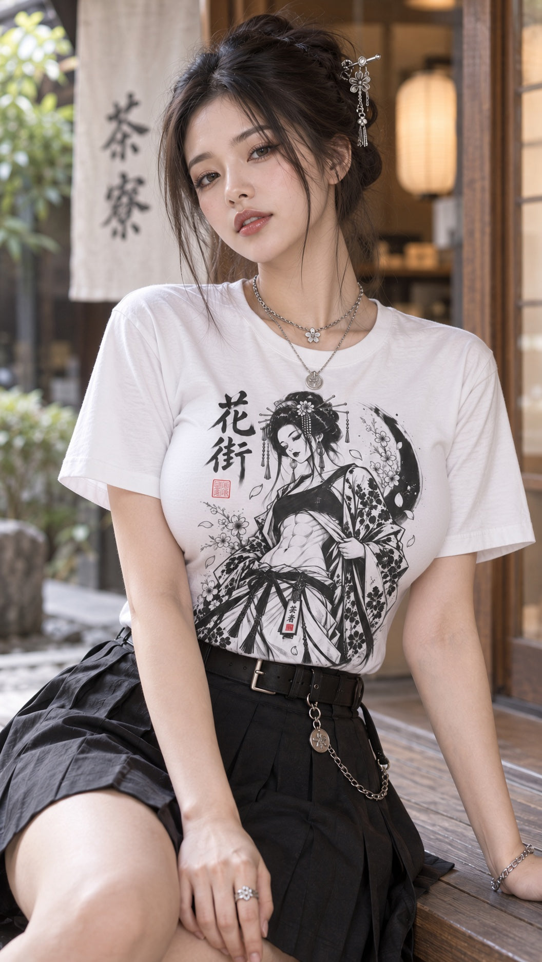 Young woman wearing a white Hana Machi geisha anime graphic T-shirt poses in a modern streetwear look with elegant Japanese-inspired styling in a realistic lifestyle mockup.