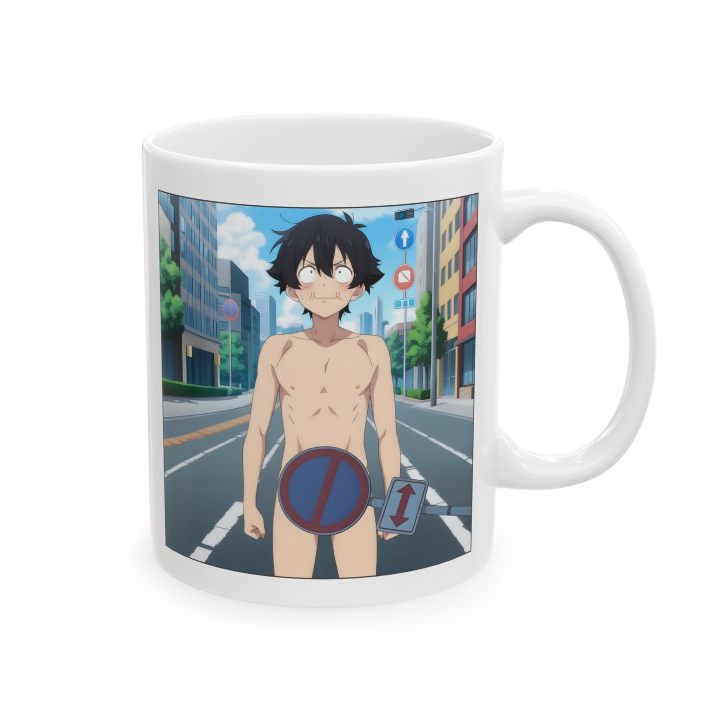 Isekai Meme Mug with Naked Summon Gag – Funny Anime Coffee Cup with Traffic Sign Censorship, Hilarious Gift for Chaos-Loving Otaku