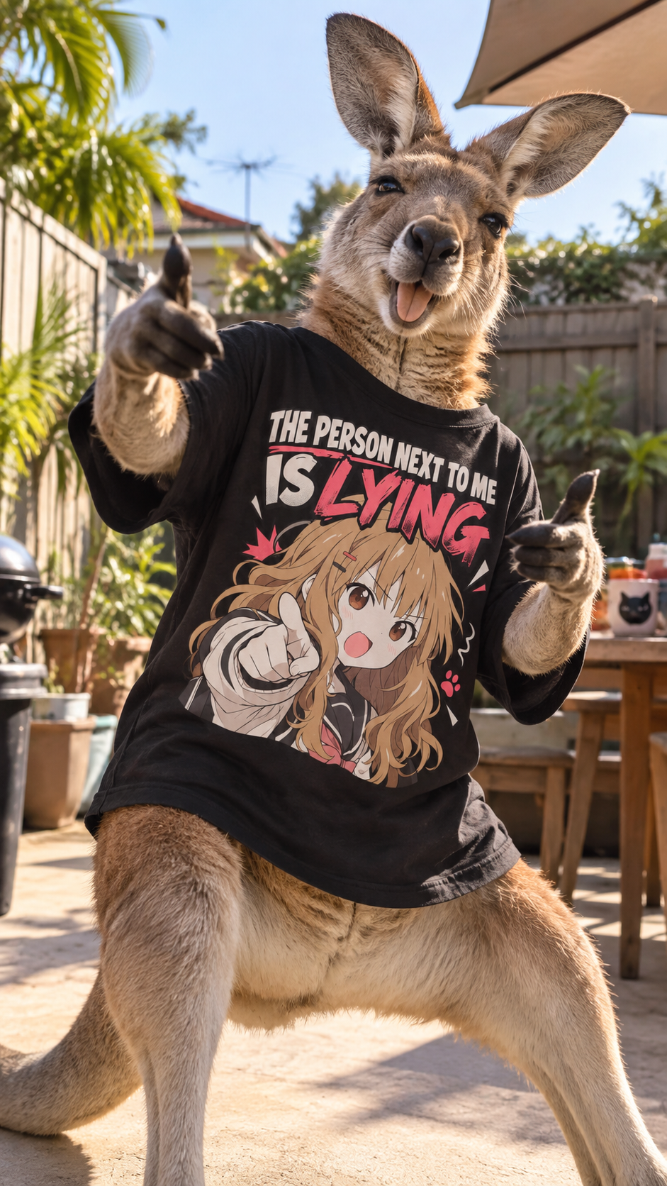 Kangaroo wearing a black funny anime slogan graphic T-shirt in a sunny backyard, featuring the text "The Person Next to Me Is Lying" and a manga-style pointing girl illustration.