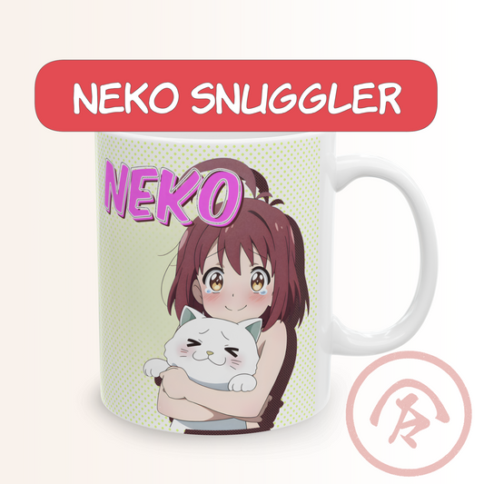 Kawaii cat mug featuring a cute anime girl hugging a round, chubby white cat with a happy expression. She blushes warmly while holding the neko close, set against a soft pastel dotted background with playful manga-style shading. The scene feels cozy, sweet, and uplifting — perfect for cat lovers and fans of adorable anime art. The full wrap design keeps all details crisp on the mug.