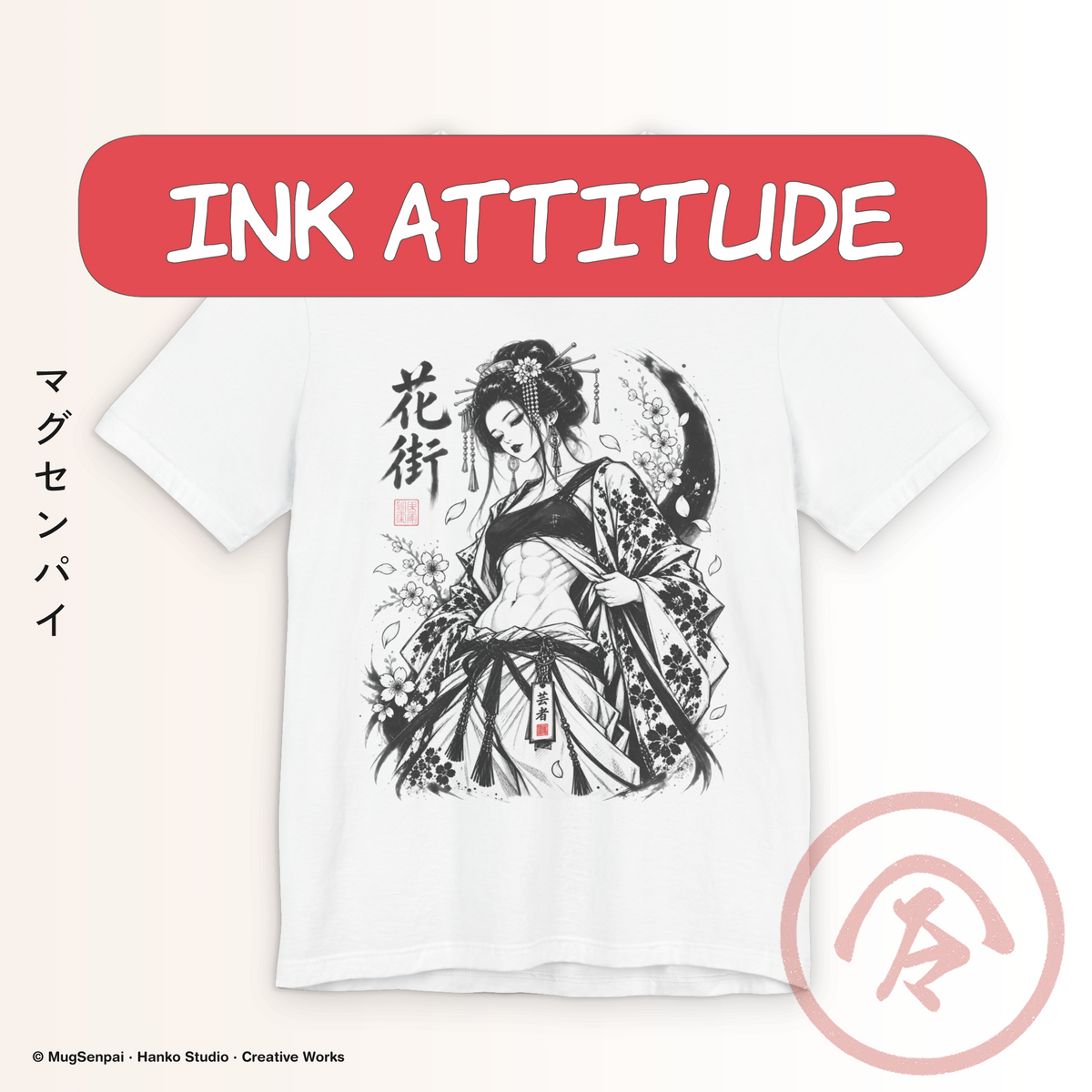 White kimono woman shirt featuring a manga-style Japanese woman in an ornate floral robe with a defined exposed midriff, traditional hair ornaments, blossoms, hanging accessories, Japanese-inspired lettering, red stamp details, and a sweeping black ink moon combining classic Japanese aesthetics with modern streetwear styling.
