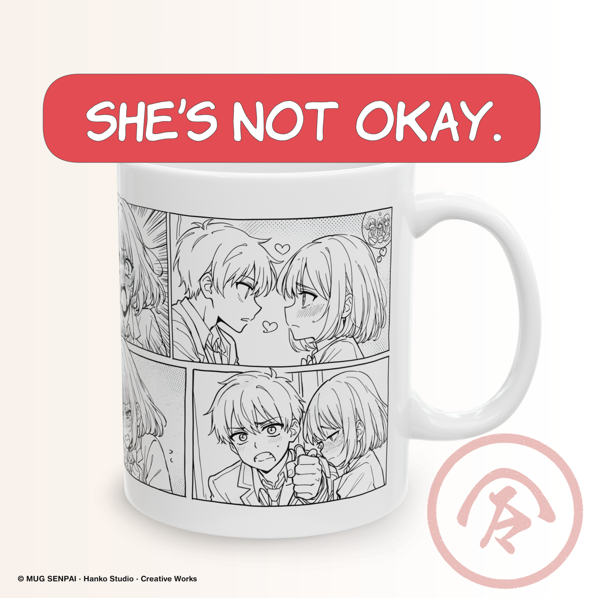 Manga anime mug featuring a black and white manga-style panel sequence showing a romantic interaction between two characters, including close eye contact, blushing expressions, and a hand-holding moment. The layout captures emotional progression across multiple panels, combining tension, vulnerability, and soft romantic storytelling in a classic manga aesthetic.