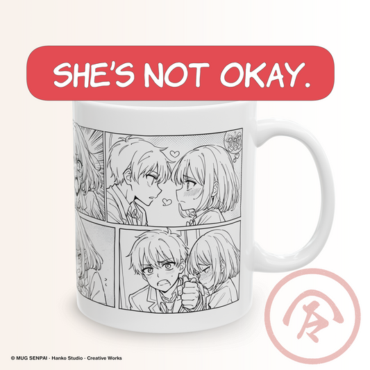 Manga anime mug featuring a black and white manga-style panel sequence showing a romantic interaction between two characters, including close eye contact, blushing expressions, and a hand-holding moment. The layout captures emotional progression across multiple panels, combining tension, vulnerability, and soft romantic storytelling in a classic manga aesthetic.