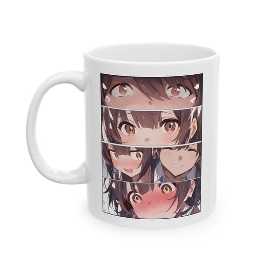 Manga love mug featuring a blushing anime girl shown in four manga-style expression panels, capturing emotions from flustered to shy—perfect for romantic anime fans.