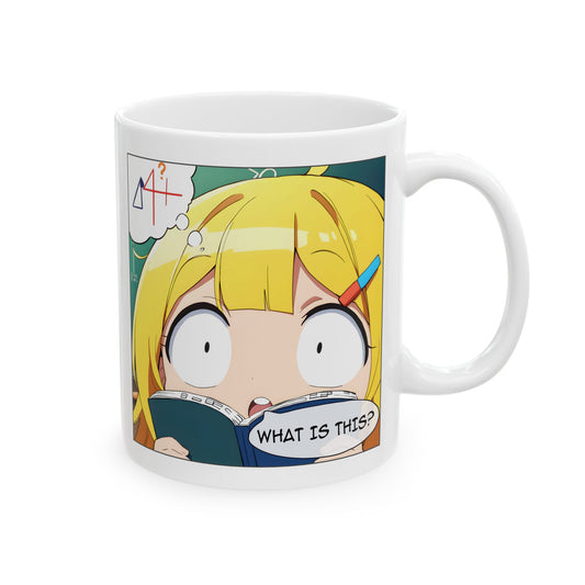 Math Struggle Mug with confused anime girl reading a book – funny gift for students, nerds, and finals survivors.