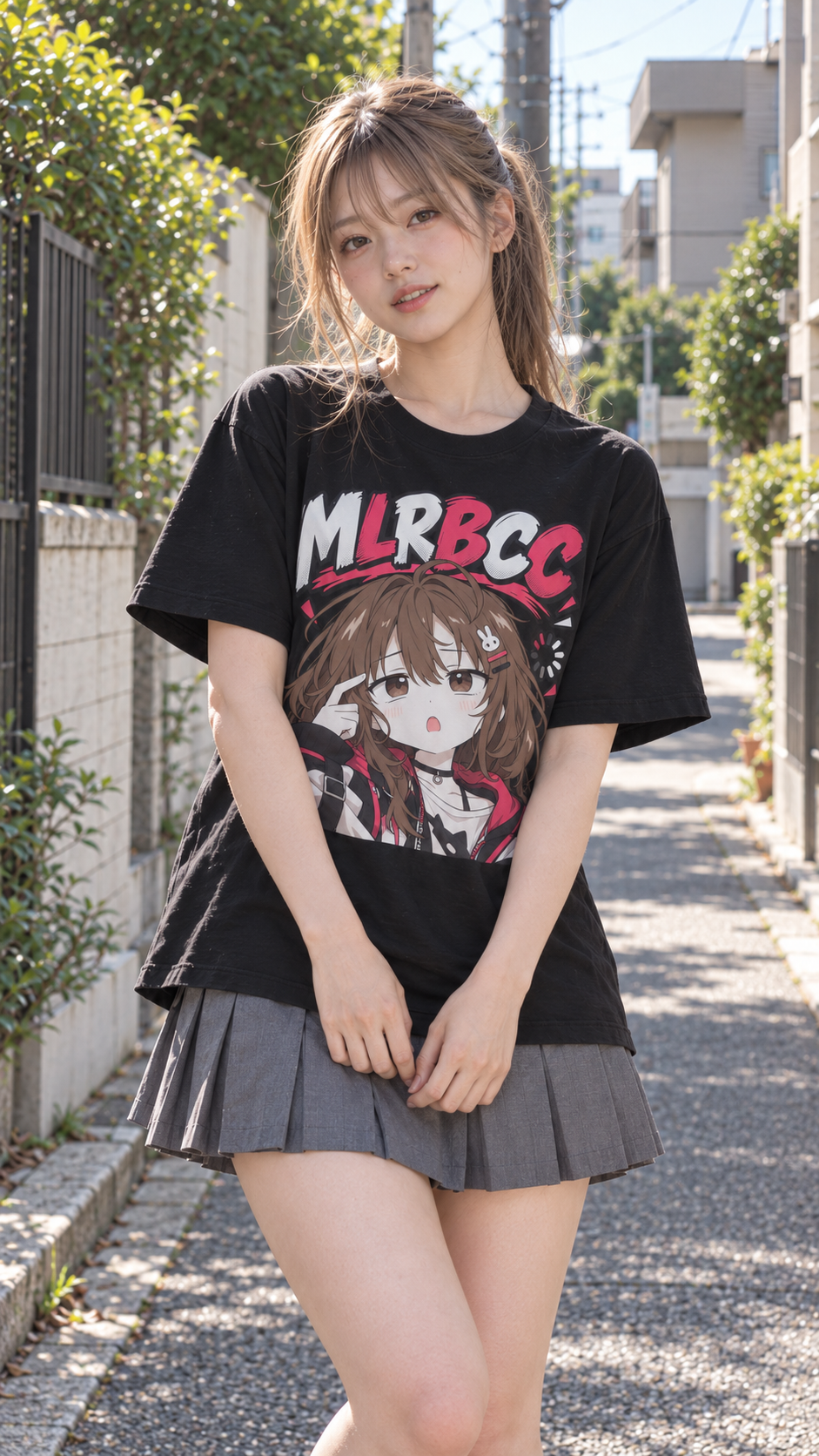 A young woman stands on a sunlit outdoor alley wearing an oversized black graphic T-shirt with anime artwork and the text 'MLRBCC', paired with a gray pleated mini skirt.