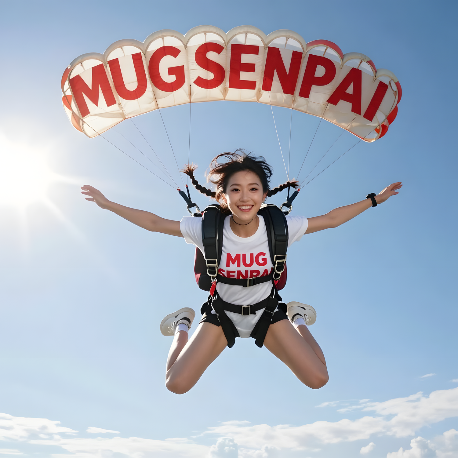 Smiling girl skydiving with a Mug Senpai parachute and t-shirt, energetic anime-inspired lifestyle banner for the Mug Senpai store.