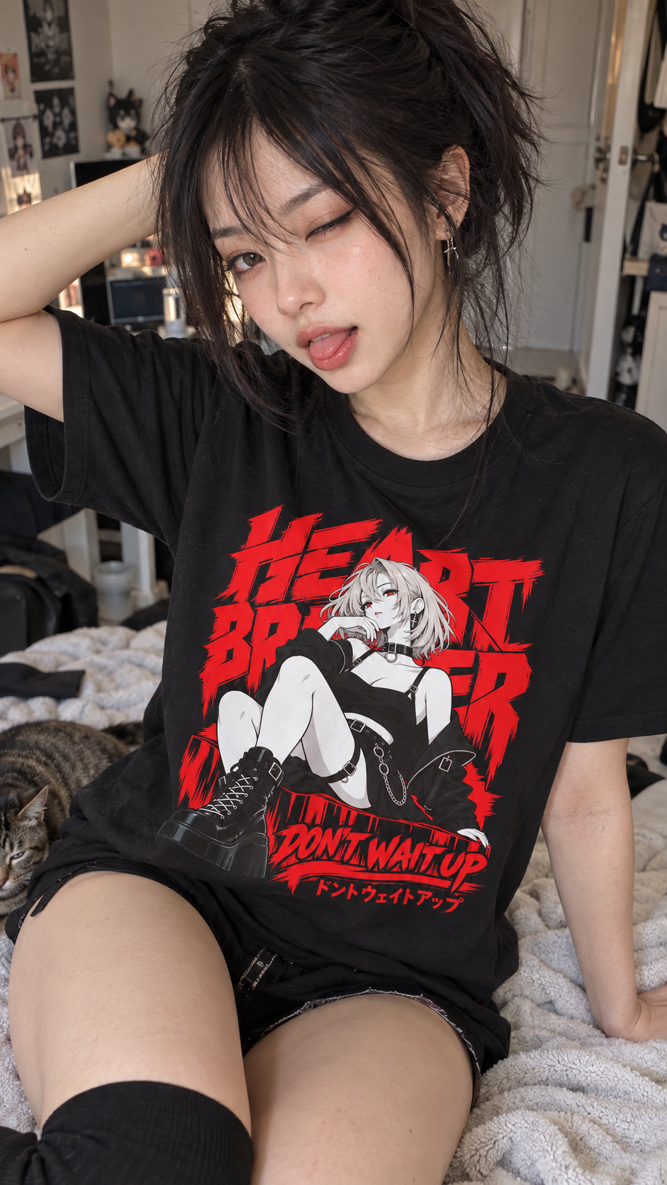 Candid lifestyle photo of a Japanese-inspired fashion model wearing a black MugSenpai Heart Breaker anime graphic T-shirt. The bold red and white design features a rebellious anime girl in platform boots with “Don't Wait Up” lettering. She sits casually on her bedroom bed, winking at the camera, with a tabby cat beside her.