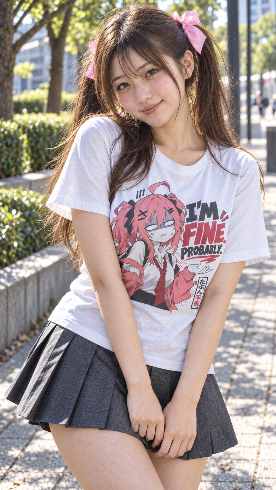 A smiling woman with long brown pigtails and pink bows poses on a sunny city sidewalk, wearing a white MugSenpai anime graphic T-shirt and gray pleated skirt. The shirt features a pink-haired anime girl with a tired expression and the relatable phrase “I'M FINE. PROBABLY.” in bold black and red lettering.