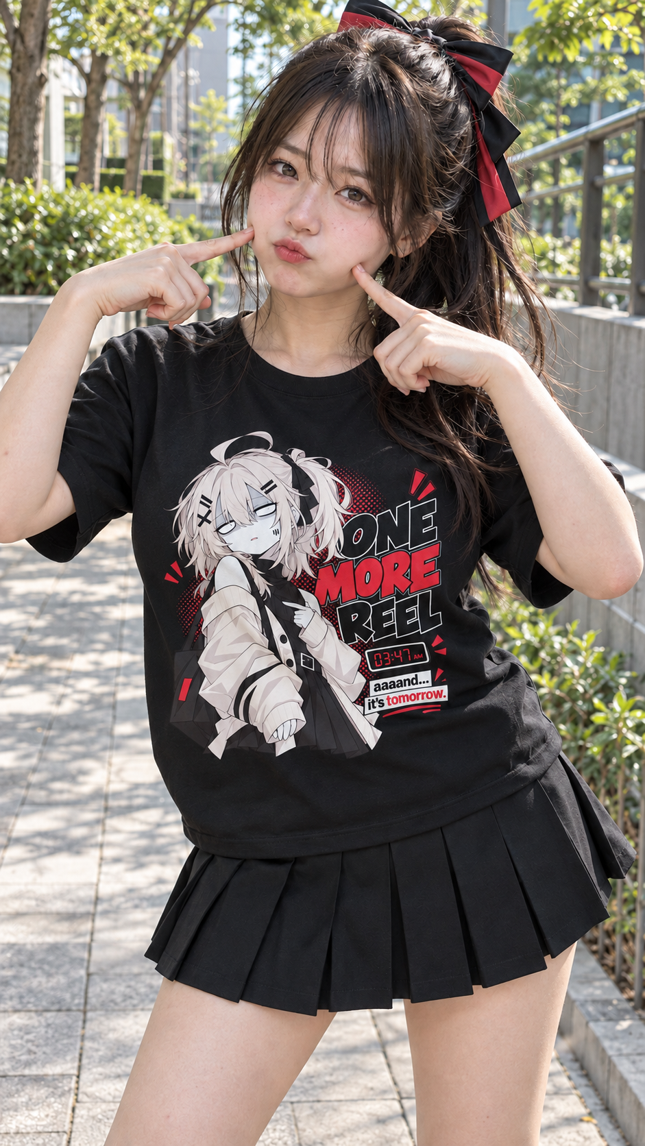 Cute young woman with long dark hair and a black-and-red bow posing on a sunny outdoor walkway. She wears a black MugSenpai “One More Reel” anime graphic T-shirt and a black pleated skirt, playfully pouting while pointing both index fingers at her cheeks.