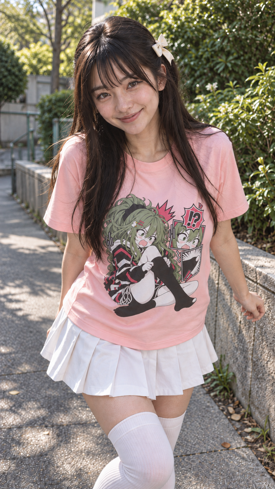Cute brunette woman with long hair, blunt bangs, and a cream hair bow smiling naturally on a leafy outdoor park walkway. She wears a pink MugSenpai anime graphic T-shirt featuring a surprised green-haired anime girl, a white pleated skirt, and white thigh-high socks. Photorealistic knee-up portrait in natural daylight.