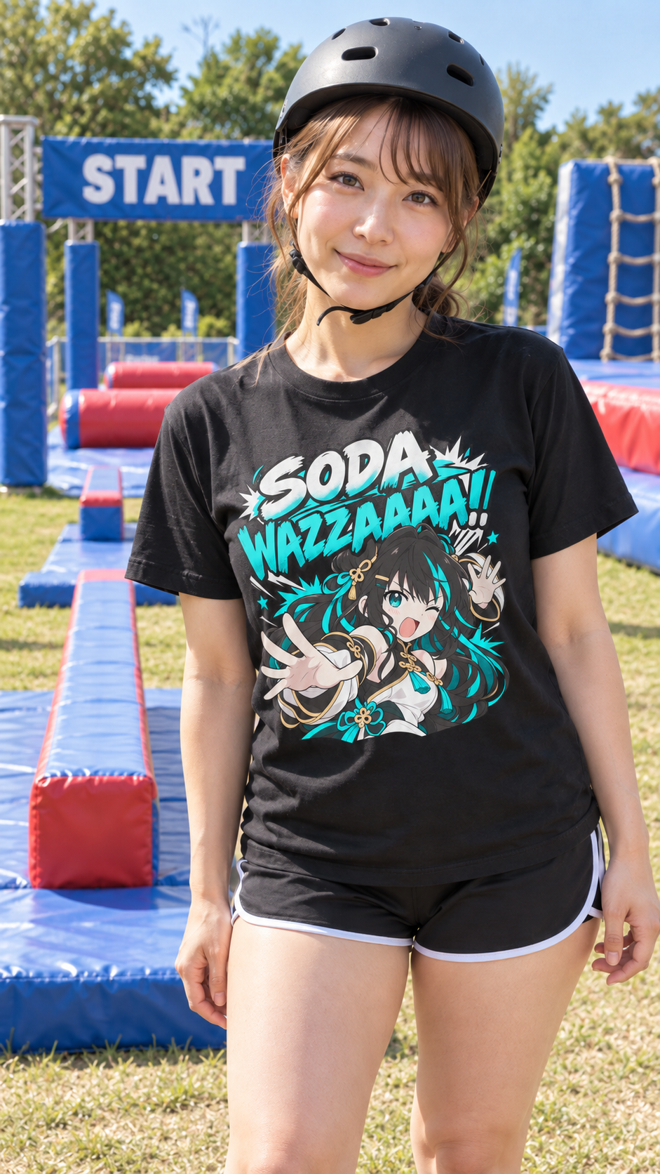 Smiling Japanese woman wearing a black helmet and MugSenpai SODA WAZAAAA anime graphic T-shirt at an outdoor obstacle course. The bold turquoise and white design features an energetic anime girl striking a playful action pose, combining martial arts humor with a sparkling water pun.