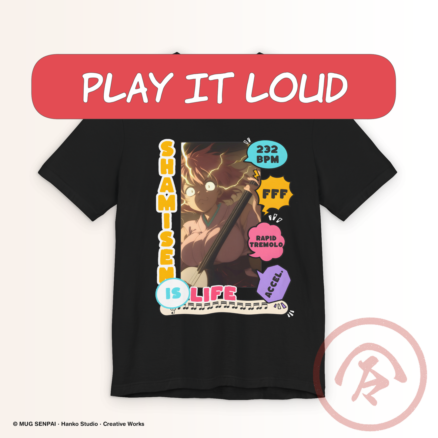 Music anime shirt featuring an expressive anime-style shamisen player surrounded by colorful music graphics, bold typography, tempo-inspired icons, and traditional Japanese musical themes. A premium graphic T-shirt for anime fans, musicians, shamisen players, performers, and lovers of Japanese culture.
