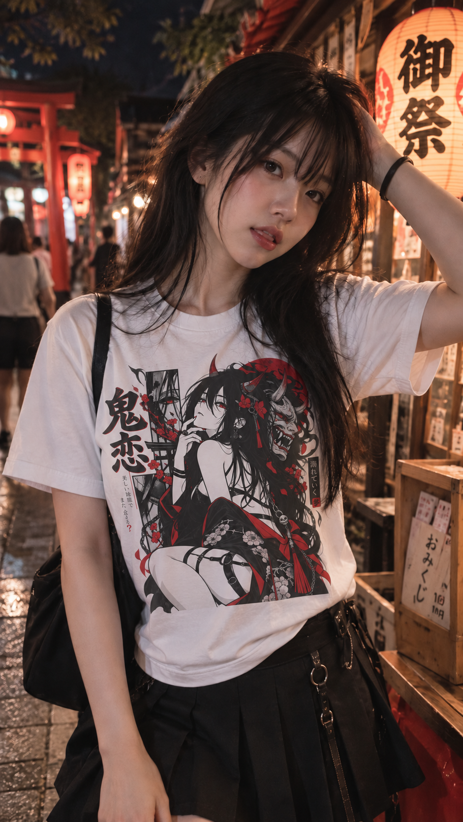 Young woman wearing a white red-and-black oni romance anime graphic T-shirt poses at a lantern-lit Japanese festival street in a realistic nighttime lifestyle mockup.