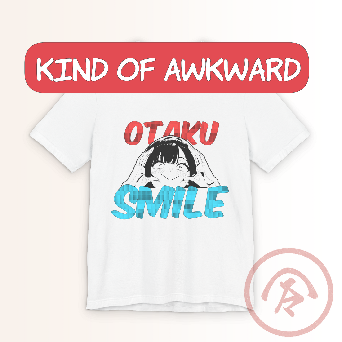 Otaku funny tee featuring a white T-shirt printed with a manga-style girl forcing a nervous grin by pulling at her cheeks. The text “Otaku Smile” appears in bold red and blue letters, and a red bubble above reads “Kind of Awkward.” The design blends meme humor with anime aesthetics, creating a relatable, funny shirt for introverts, weebs, and anime fans who find charm in their social awkwardness.