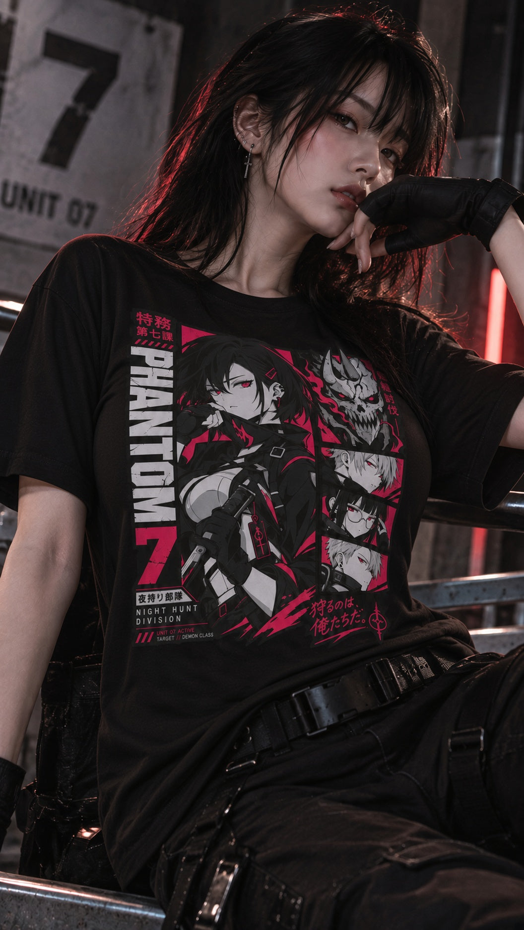 Young woman wearing a black PHANTOM 7 anime graphic T-shirt poses in a moody industrial setting with red accent lighting in a realistic lifestyle mockup.