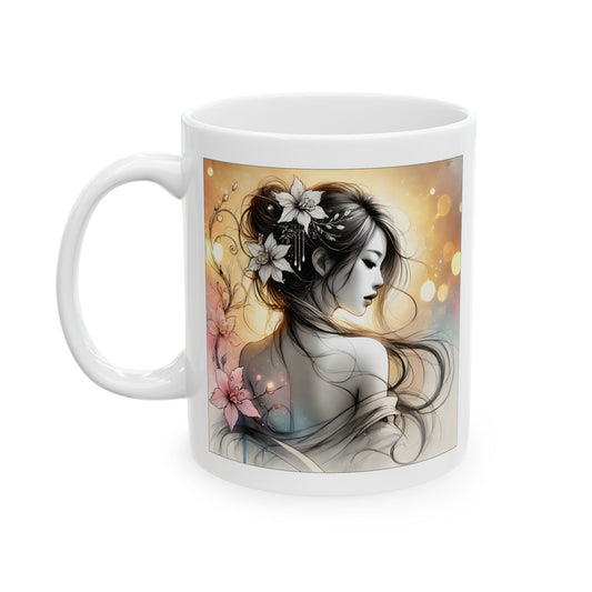 Romantic anime mug featuring a soft, ethereal illustration of a dreamy anime girl with flowing hair and floral hairpieces, set against a glowing golden bokeh background.